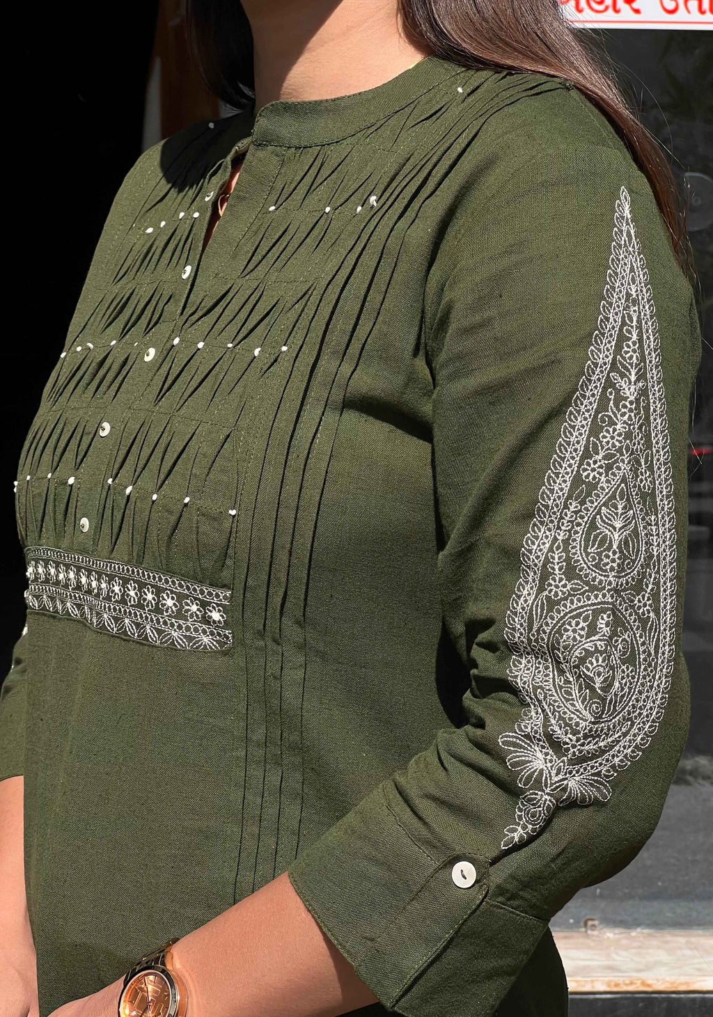Olive Block Print Kurti Pant Set