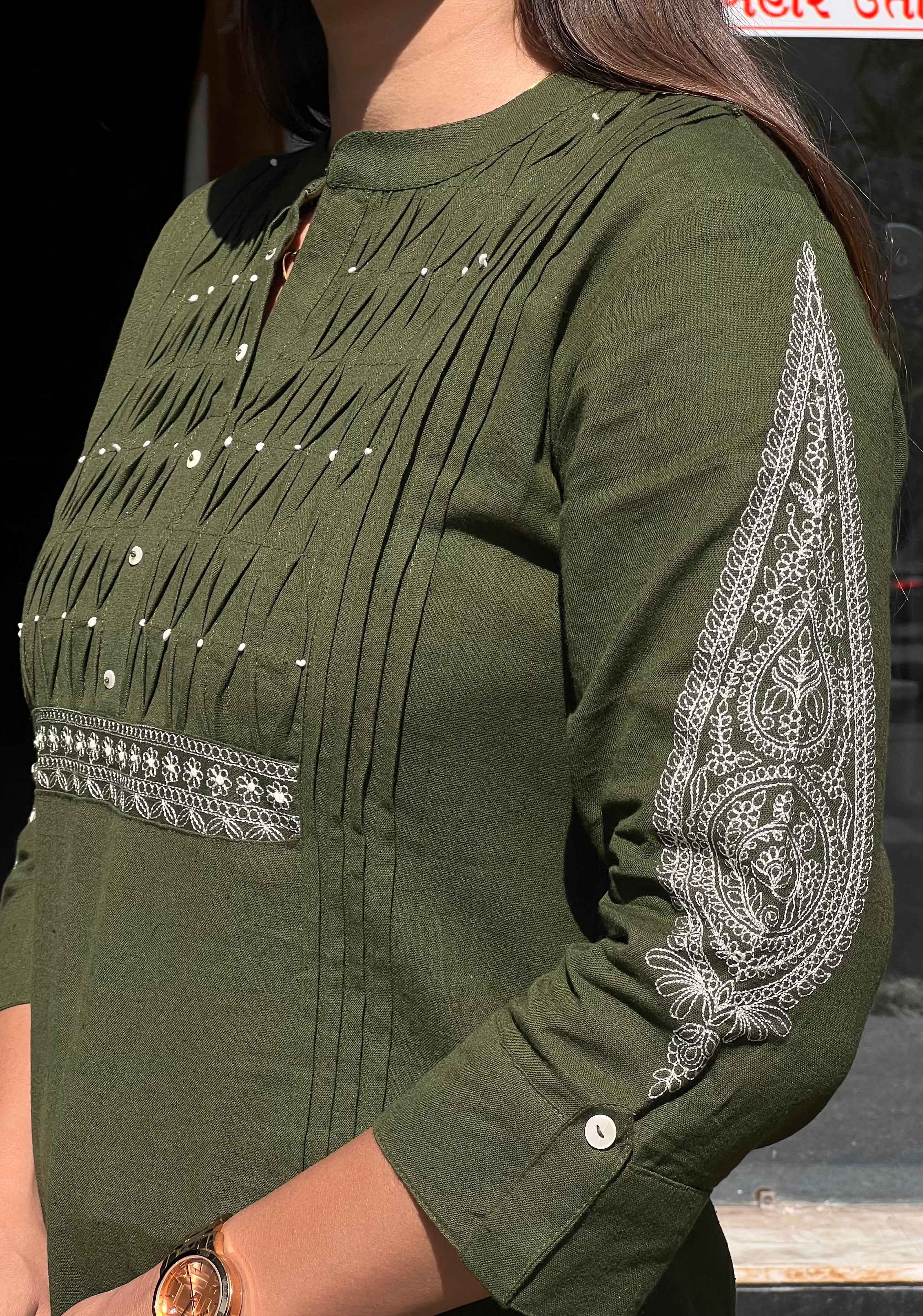 Olive Block Print Kurti Pant Set