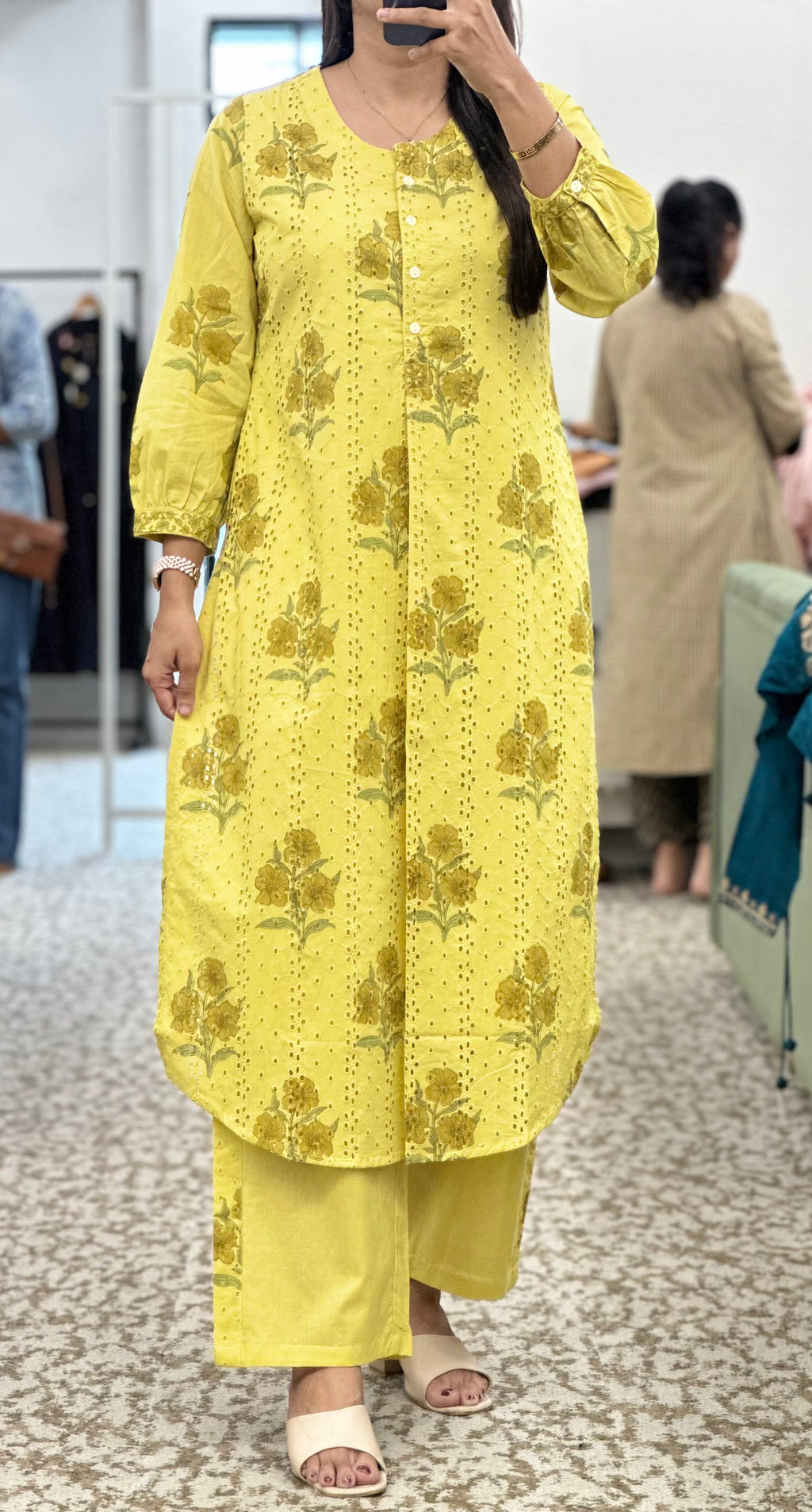 Lemon Chikankari Kurti Pant Set