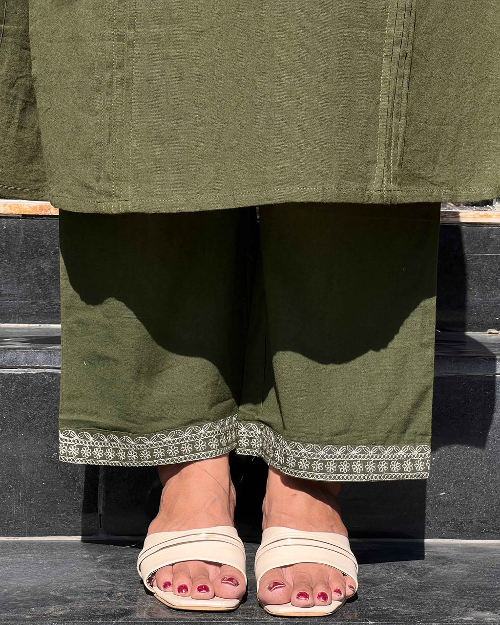 Olive Block Print Kurti Pant Set