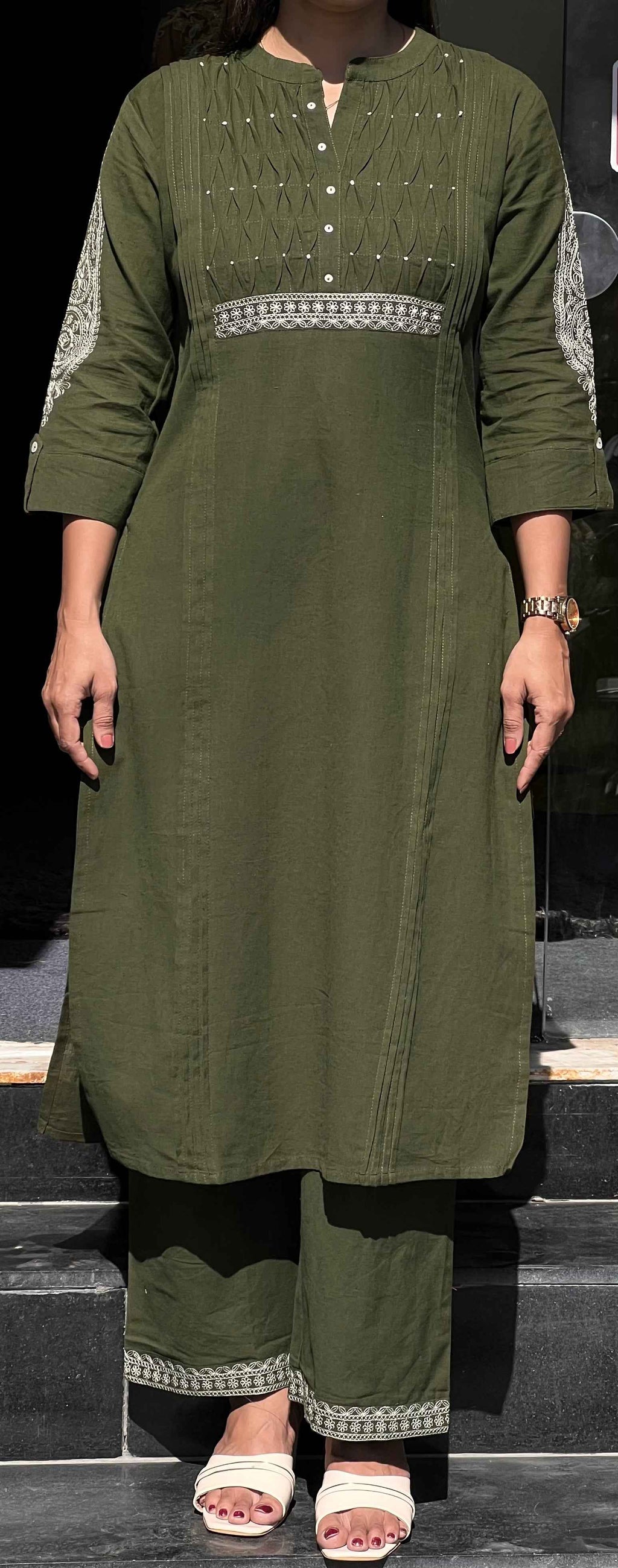 Olive Block Print Kurti Pant Set