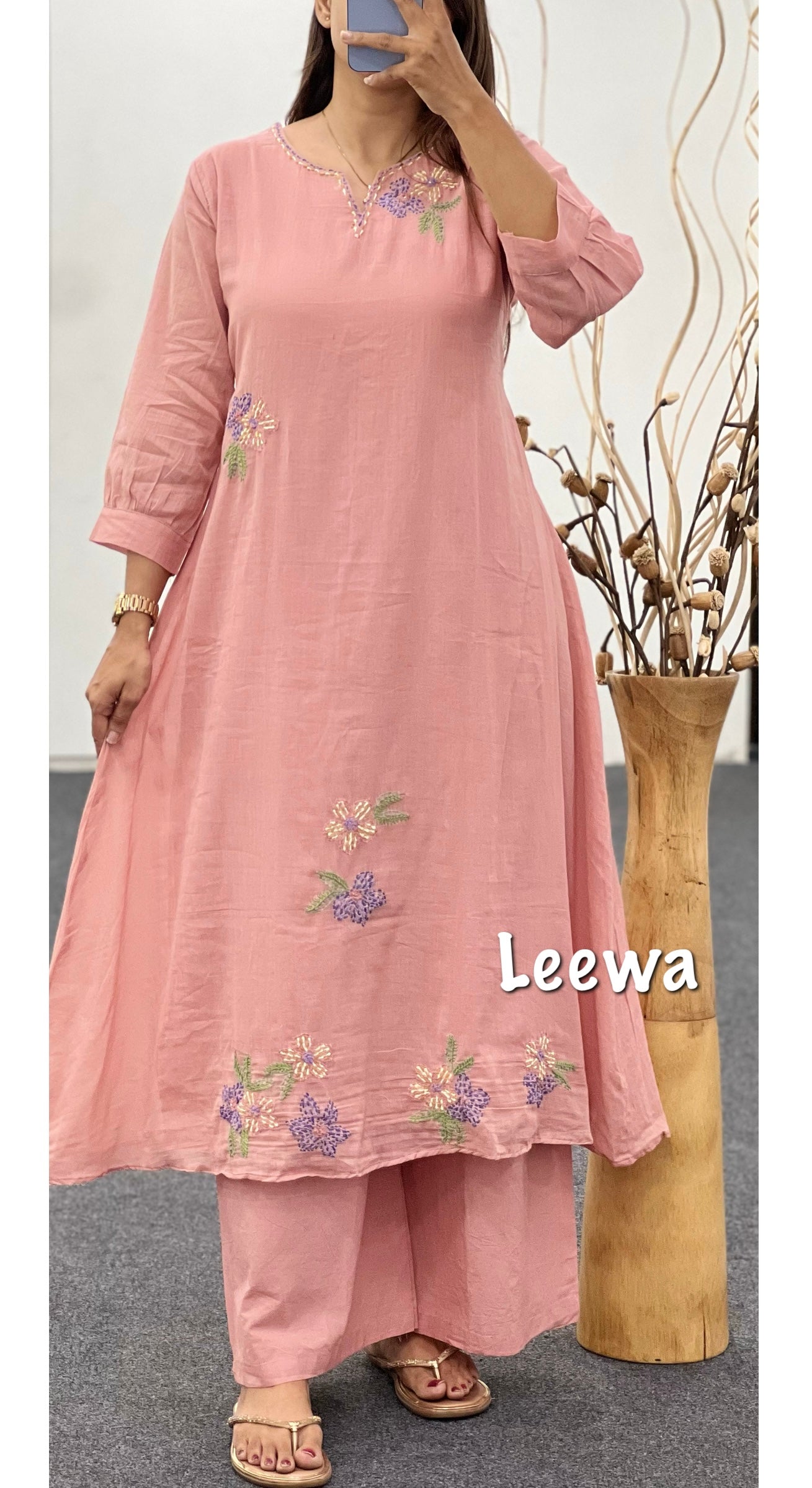 Peach Mul Kurti-pant Set