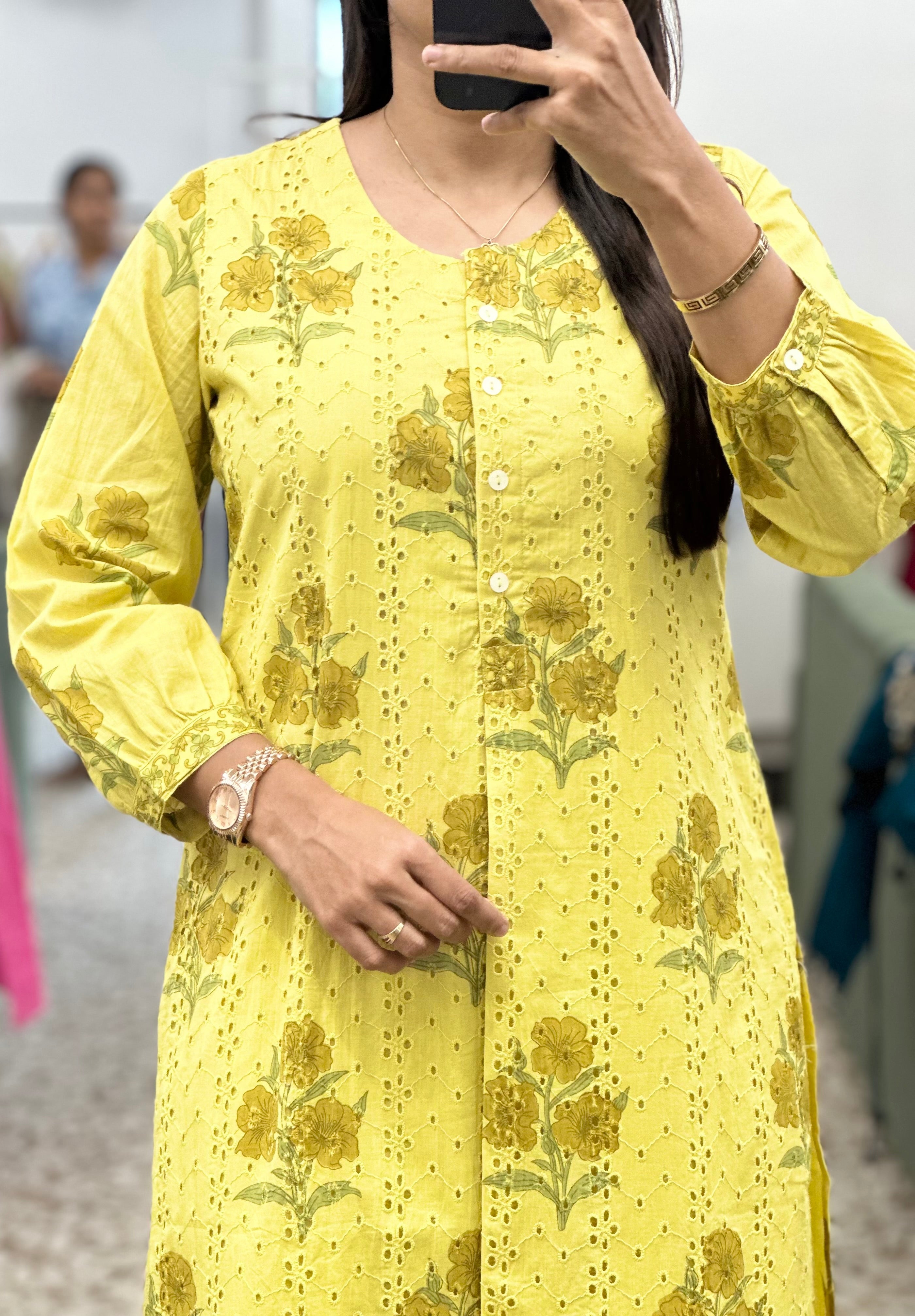 Lemon Chikankari Kurti Pant Set